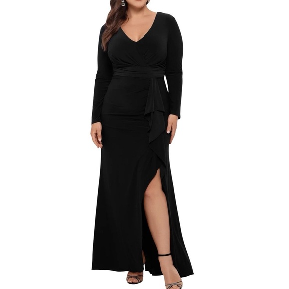 Betsy & Adam Dresses & Skirts - New Betsy & Adam Navy  "Elle" Long Sleeve Side Ruffled Slit Gown Size 14